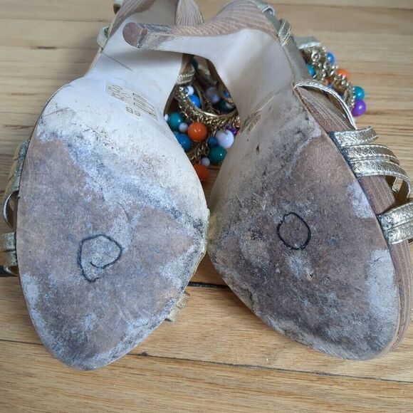 Mid 2000s Bebe Heels Sandals Gold Stiletto Beaded Platform Size 6 - Picture 8 of 11